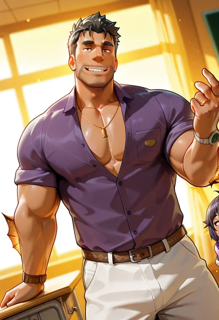 safe_pos, score_9, score_8_up, score_7_up, score_6_up, perfect anatomy, perfect proportions, best quality, masterpiece, high_resolution, high quality, best aesthetic, incredibly absurdres, highres, extremely detailed, huge filesize, (gay, homo, bara, male focus, male only, mature, masculine, manly, hunk, virile:1.8), handsome, charming, alluring, dutch angle, cowboy shot, source_game, official style, Dagon, TASDagon, brown eyes, black hair, short hair, ((facial hair, stubble)), dark skin, TASDagon_outfit01, purple collared shirt, partially unbuttoned, column pendant necklace, sleeves rolled up, watch, golden ring, brown belt, white pants, mischievous smirk, arm fins, columns, classroom, spread legs, beckoning, shading, countershading, movie still, vibrant, vivid, stardom, glamorous, extraordinary achievement, award-winning, expressionist, cinematic still, emotional, harmonious, vignette, bokeh, cinemascope, moody, epic, gorgeous