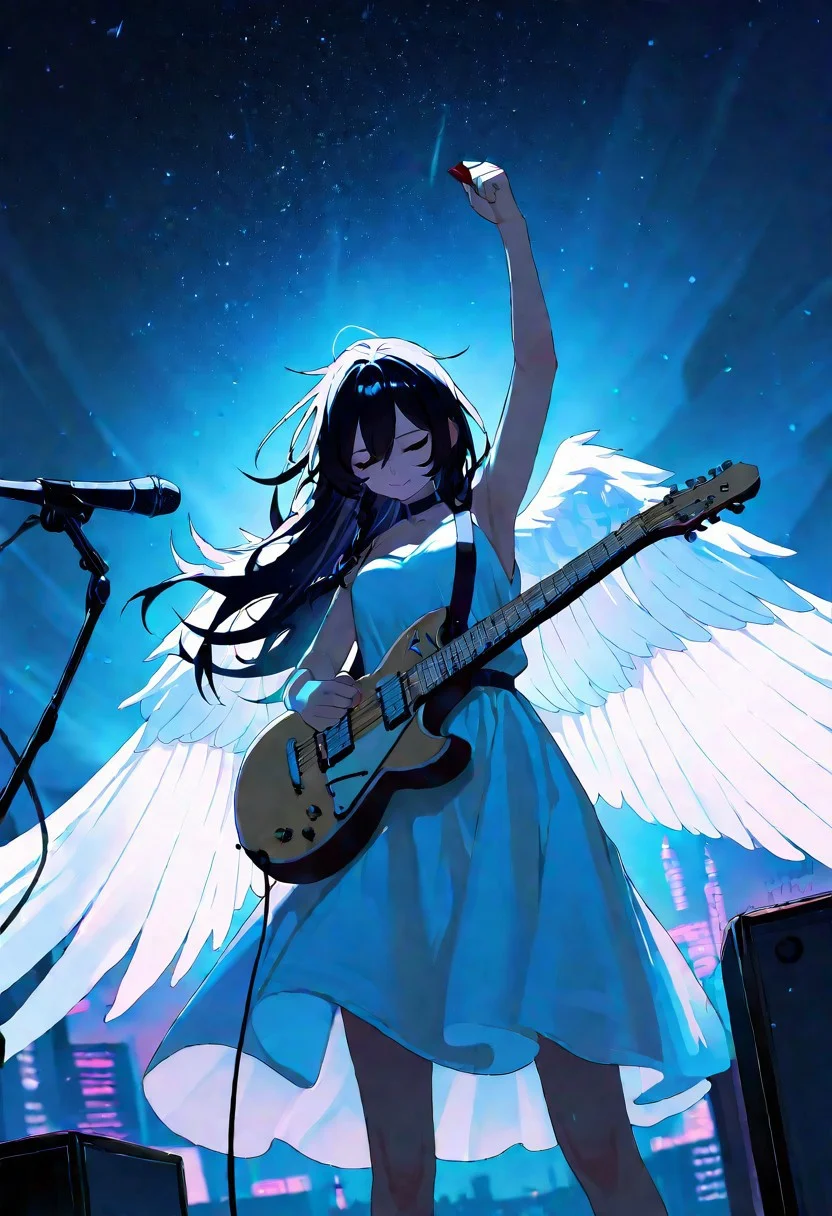 masterpiece, best quality, good quality, very aesthetic, absurdres, newest, 1girl, solo, long hair, black hair, dress, holding, braid, wings, sky, white dress, arm up, night, star \(sky\), feathered wings, instrument, microphone, starry sky, angel wings, white wings, music, angel, guitar, holding instrument, electric guitar, facing down, holding plectrum,
Messy hair, crazy hair, Low Angle,Dutch Angle,
The overall scene should have a bright and colorful atmosphere, with the main tone being light blue.
City Lights Lighting, <lora:spo_sdxl_10ep_4k-data_lora_webui:0.6> <lora:ponyv5_noobV065S_1_adamW-000013:0.7> <lora:USNR_STYLE_XL_lokr:0.5> <lora:EtherSDXL:0.15> <lora:748cmSDXL:0.35>