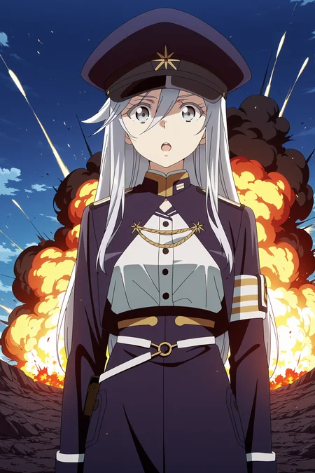 anime screencap, anime coloring, detailed face, masterpiece, best quality, very aesthetic, absurdres, volumetric lighting, official style, amazing quality, ultra detailed, highres, amazing quality, scenery, beautiful detailed hair, beautiful detailed eyes,
<lora:StS-Illustrious-Detail-Slider-v1.0:4>
(outside, on a barren battlefield, explosions in the background),
 <lora:Lena_Vladilena_Milizé_86_-Eighty_Six-_-_Illustrious:1>
Lena (character), 1girl, military uniform, hat, military, solo, military hat, uniform, long hair, looking at viewer, hair between eyes, open mouth, grey eyes, blue eyes, jacket, :O, cowboy shot