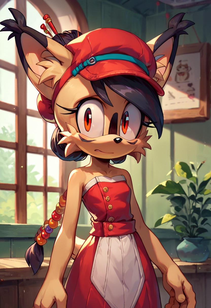 score_9, score_8_up, score_7_up, source_furry, nicole the lynx in sonic style, hair beads, hair stick, hair bun, red eyes, black facial mark, cabbie hat, strapless split dress, cowboy shot, indoors