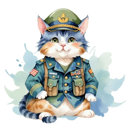 Abstract style art of cute cat in a military outfit, abstract watercolor, csw, <lora:CSW-Style-2-000017:0.8>, Non-representational, colors and shapes, expression of feelings, imaginative, highly detailed