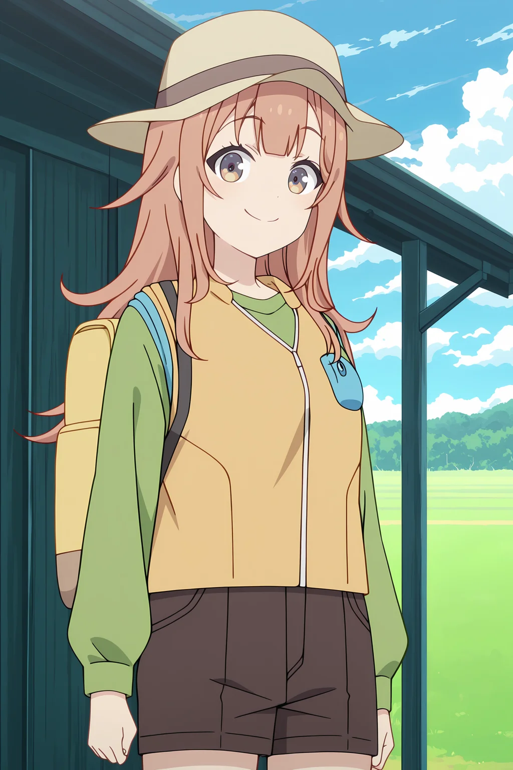volumetric lighting, official style, amazing quality, ultra detailed, highres, detailed background, anime screenshot, anime screencap, anime coloring, masterpiece, detailed face,1girl <lora:Shinon_Ogawa__-20:0.9> Shinon Ogawa, Shinon Ogawa(Outfit 4), hat, outdoors, smile, bag, orange hair, long hair, backpack, purple and orange eyes, day, green jacket, sky, solo, bangs, long sleeves, blue sky, yellow outdoor vest with blue pocket, looking at viewer, closed mouth, cloud, yellow bag, brown shorts, arms at sides