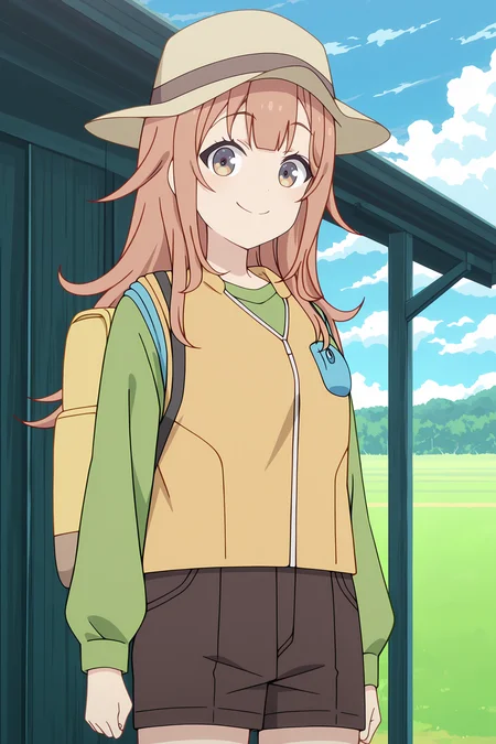 volumetric lighting, official style, amazing quality, ultra detailed, highres, detailed background, anime screenshot, anime screencap, anime coloring, masterpiece, detailed face,1girl <lora:Shinon_Ogawa__-20:0.9> Shinon Ogawa, Shinon Ogawa(Outfit 4), hat, outdoors, smile, bag, orange hair, long hair, backpack, purple and orange eyes, day, green jacket, sky, solo, bangs, long sleeves, blue sky, yellow outdoor vest with blue pocket, looking at viewer, closed mouth, cloud, yellow bag, brown shorts, arms at sides