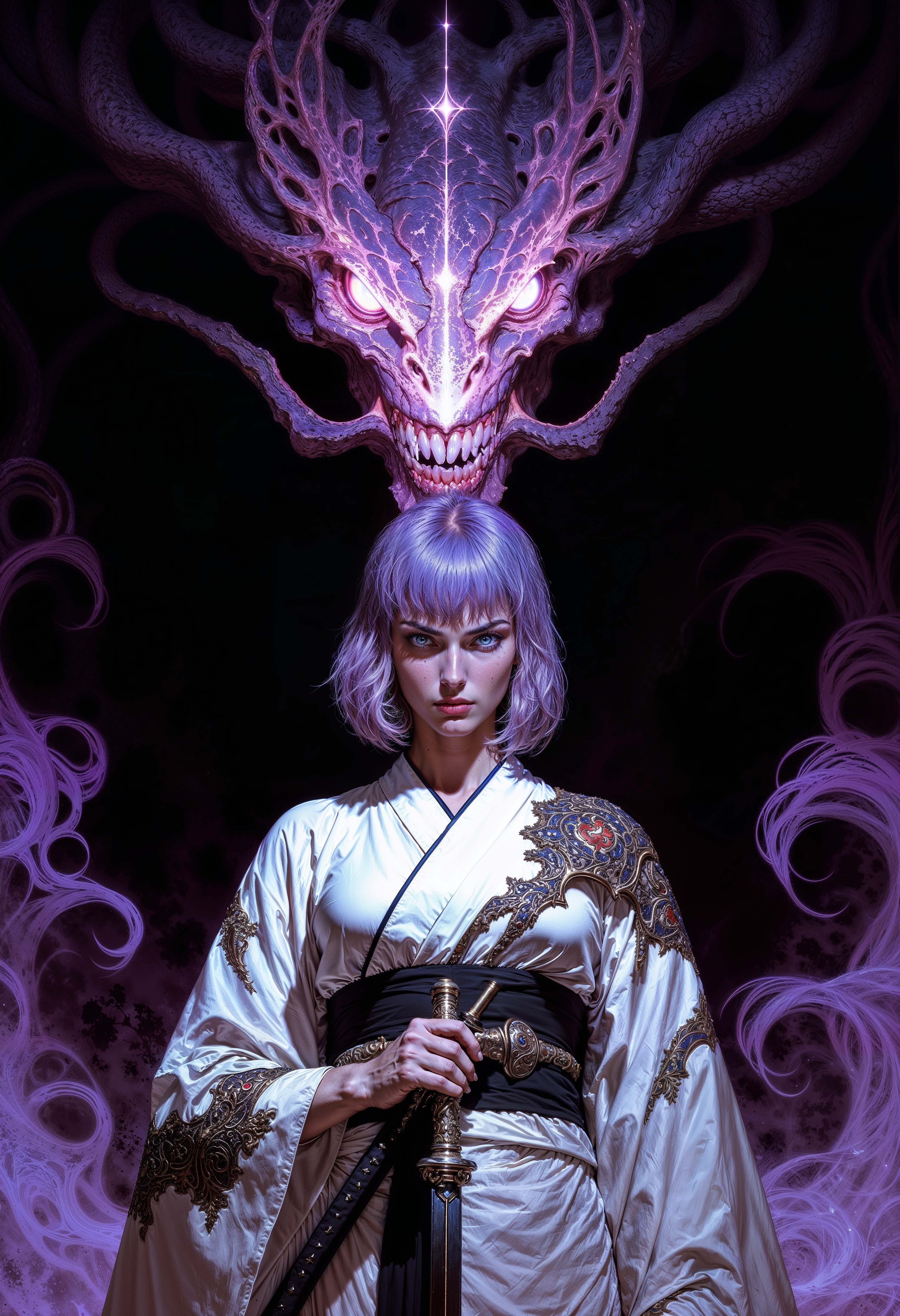 a digital illustration in a dark fantasy anime style. The central figure is a woman with short, straight purple hair and pale skin, standing confidently with a katana sheathed at her waist. She wears a traditional Japanese kimono, white with intricate black and red designs, including a prominent spider web pattern on the left sleeve. Her kimono is cinched at the waist with a black obi belt. Her eyes are glowing with a soft purple hue, and she has a serene yet determined expression. 
Behind her looms a menacing, ethereal creature with a serpent-like head and glowing red eyes, exuding a dark, otherworldly aura. The creature’s mouth is open, revealing sharp teeth, and its body is shrouded in misty, swirling smoke. The background is a deep, dark void, enhancing the eerie and mysterious atmosphere of the scene.
The composition uses a low camera angle, looking up at the woman, which emphasizes her commanding presence. The lighting is dramatic, with soft highlights on her face and the kimono, contrasting with the dark, shadowy surroundings. The overall color palette is dark with purple and black tones, creating a haunting and intense visual effect. <lora:FluxMythV2:0.6> <lora:ck-painterly-fantasy:0.6> <lora:flux.1_lora_flyway_Epic-detail_v2:0.5> <lora:RetroAnimeFluxV1:0.7>