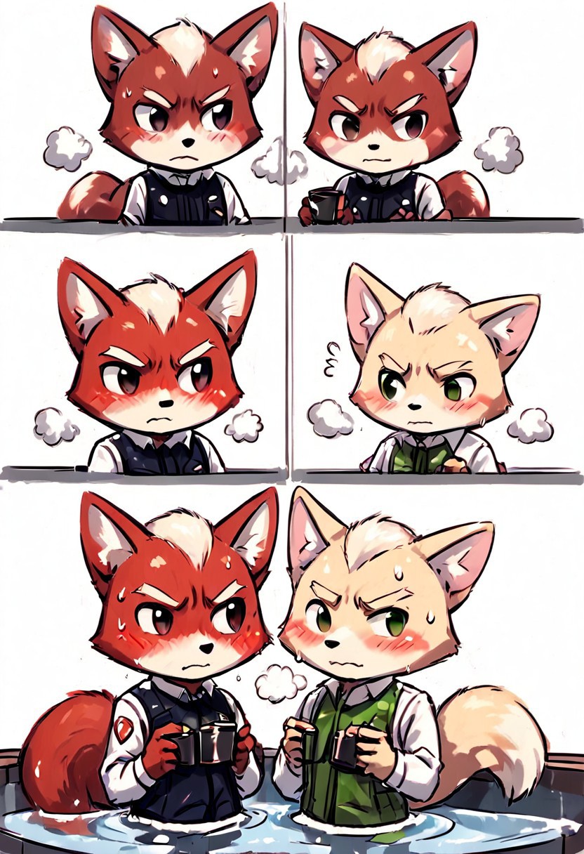 sketch,
  duo,
   cute Fox mcCloud,
   antro, poppy, marshall, white fur, red fur, pink fur, two colored fur, dress, sweater, bangs, blush,
 sweating, embarrassed, horny expression,
hot steam, coffee cup,  bath tub, bath towel