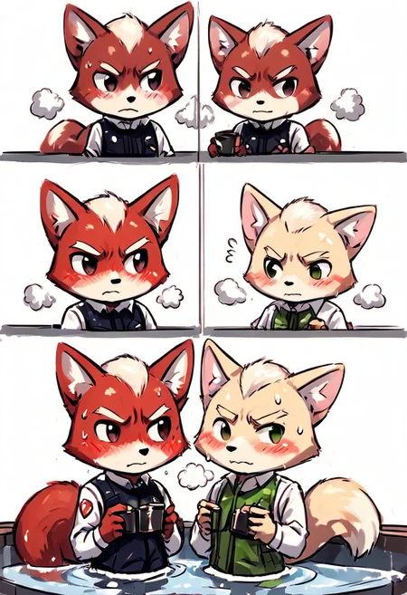 sketch,
  duo,
   cute Fox mcCloud,
   antro, poppy, marshall, white fur, red fur, pink fur, two colored fur, dress, sweater, bangs, blush,
 sweating, embarrassed, horny expression,
hot steam, coffee cup,  bath tub, bath towel