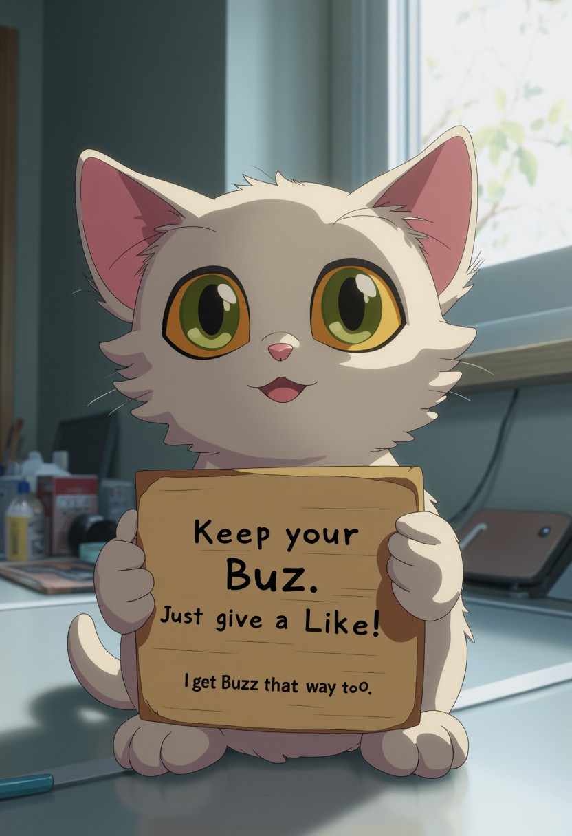 A cute plush cat, holding a sign that says "Keep your Buzz. Just give a Like!" and with smaller text "(I get Buzz that way too)", photograph sitting on a desk in a modern apartment.