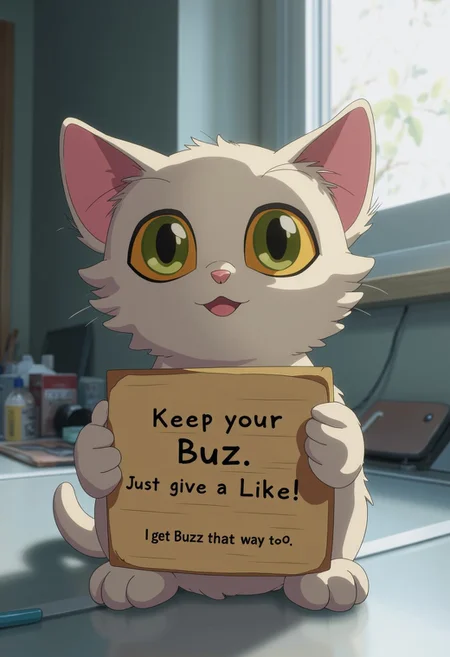 A cute plush cat, holding a sign that says "Keep your Buzz. Just give a Like!" and with smaller text "(I get Buzz that way too)", photograph sitting on a desk in a modern apartment.