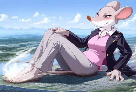 Safe_pos, score_9, score_8_up, score_7_up, detailed face, best quality, 1girl, solo, masterpiece, detailed background, beautiful, detailed eyes, mature female, giantess, macro
side view, lien,
1girl, furry female, solo, Thea-Stilton, gray mouse tail, grey fur, purple eyes, pink shirt, open jacket, white collar black jacket, collared shirt, 4 fingers, gray pants,full body view,
sitting on ground, presenting feet, light smile, narrowed eyes, blush, breast expansion, tight shirt,
long river, skyline, cityscape, destroyed cityscape, earthquake, steam, fog, craters