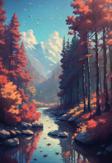 score_9, score_8_up, score_7_up, score_6_up, score_5_up, c0l0urfulsc3n3, scenery, colourful, forest, autumn leaves, autumn, lake, migrating birds