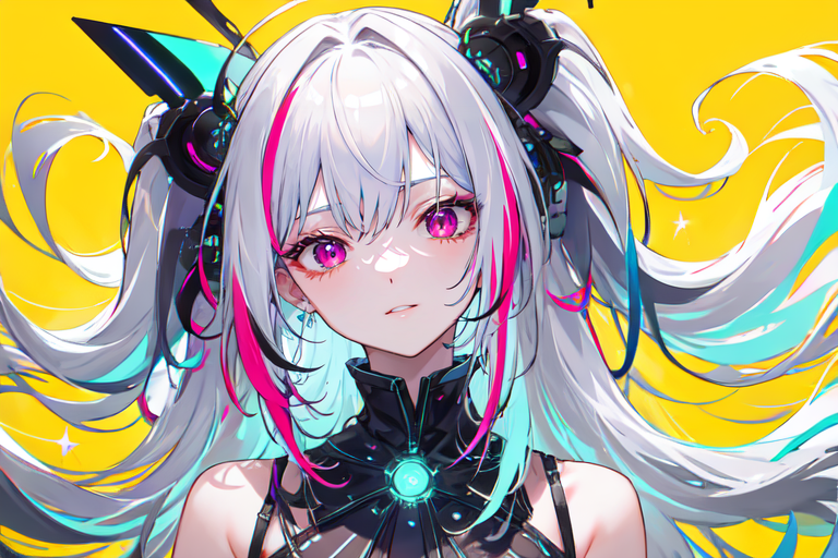 (otherworldly), highly insanely detailed, masterpiece, top quality, best quality, highres, 4k, 8k, RAW photo, (very aesthetic, beautiful and aesthetic), farm, fields, barn, fence, fantfa, <lora:FantasyFarm-10:0.5>, 
1girl, 
(sparkling silver hair ,colored inner hair,streaked hair), 
(pure yellow background,pure magenta background,pure cyan background ,neon color,multicolored background),âââ
