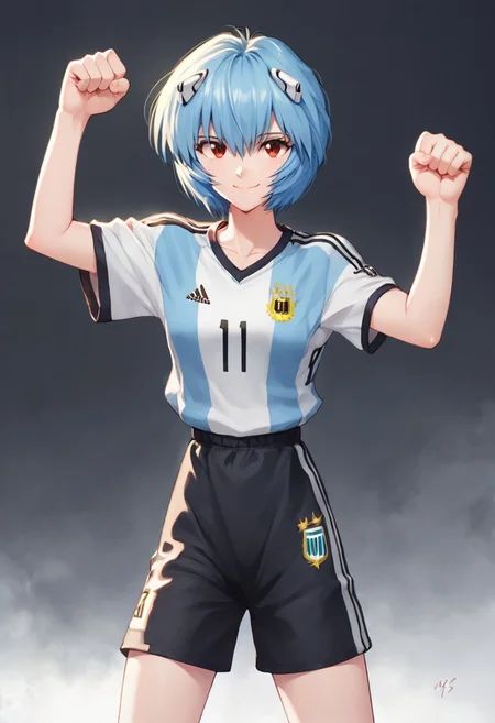 Black background,1girl,ayanami rei,short hair,blue hair,solo,red eyes,looking at viewer,tshirt,short sleeves,closed mouth,short pants, full body,clenched hands, soccer uniform, cowboy shot, hands up,smiling,bangs,collarbone,signature,standing,bow,arm at side, ,arms up,score_9,score_8_up, Argentina soccer uniform,black shorts<lora:Sadamoto Yoshiyuki_XL_PONY:0.9>,