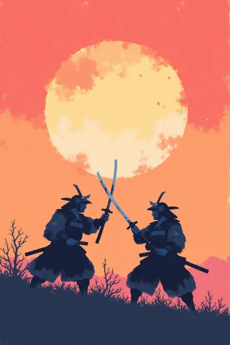 i11ustmin Illustration of two samurais dueling at sundown <lora:minimalist_flat_illustration_nbm:1.0><lora:796966310593566932:0>