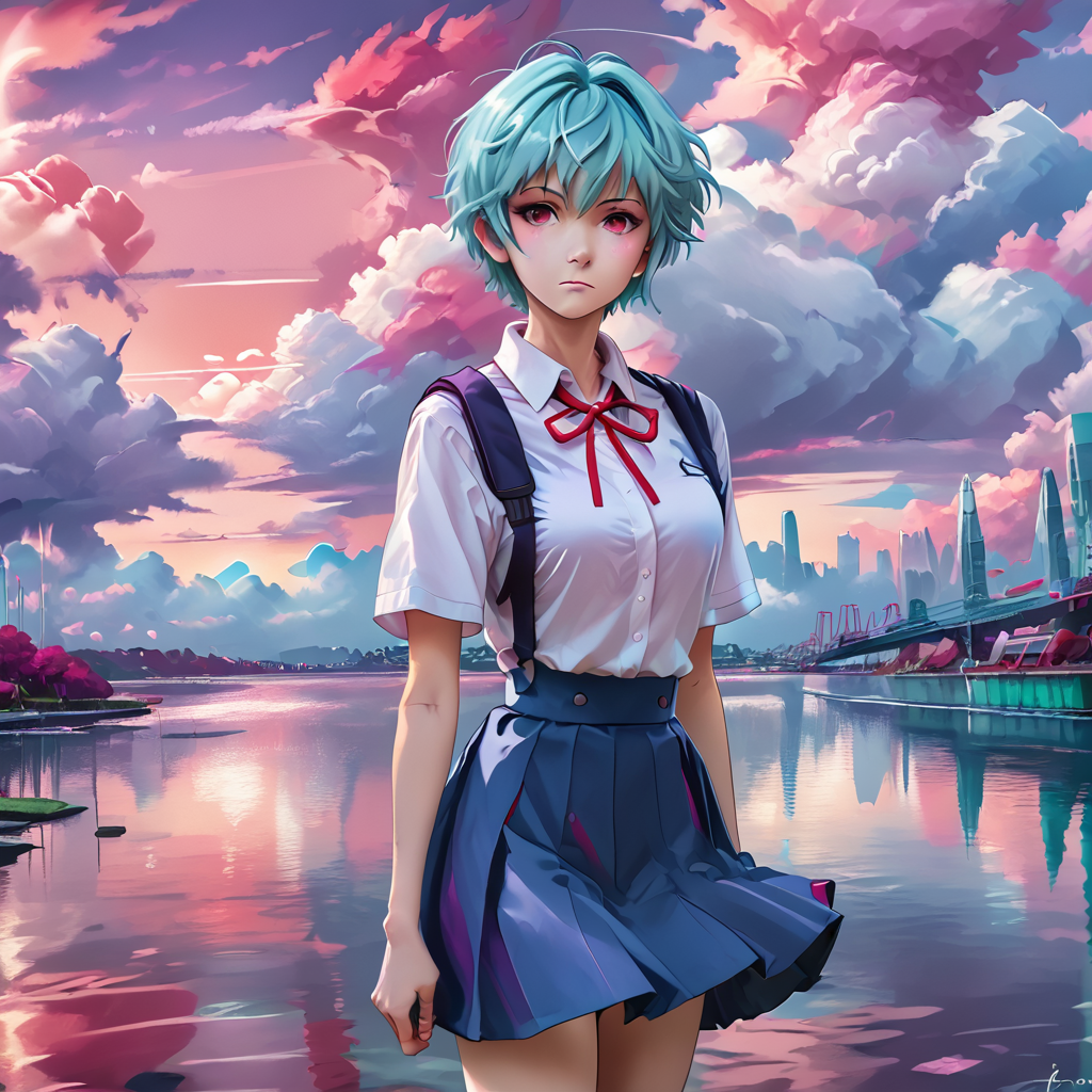 <lora:Aesthetics_Enhancer_pony:0.8>,score_9, score_8_up, score_7_up,BREAK
EnhanceImage,magenta tone, 1girl, solo, short hair, tokyo-3 middle school uniform, school uniform, red eyes, ribbon, sky, cloud, neck ribbon, water, skirt, blue hair, outdoors, shirt, looking at viewer, suspender skirt, standing, red ribbon