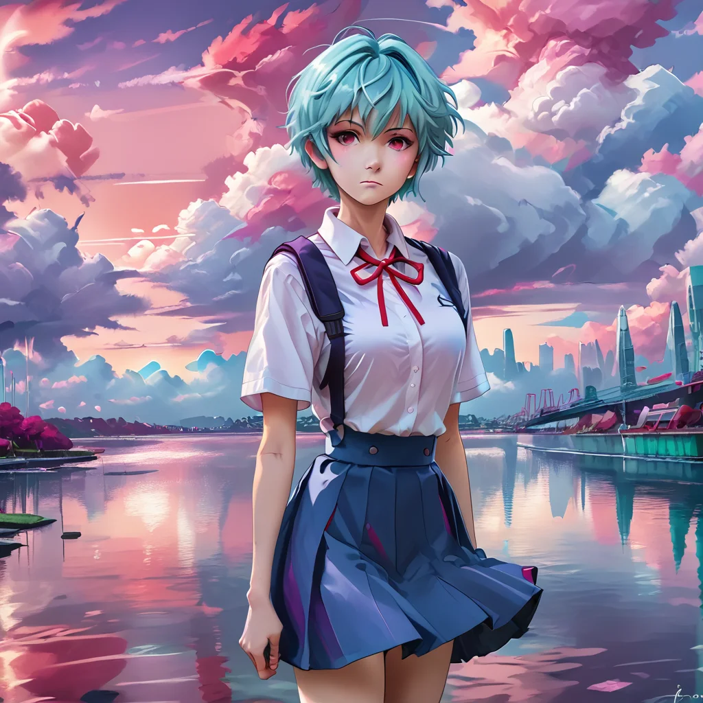 <lora:Aesthetics_Enhancer_pony:0.8>,score_9, score_8_up, score_7_up,BREAK
EnhanceImage,magenta tone, 1girl, solo, short hair, tokyo-3 middle school uniform, school uniform, red eyes, ribbon, sky, cloud, neck ribbon, water, skirt, blue hair, outdoors, shirt, looking at viewer, suspender skirt, standing, red ribbon