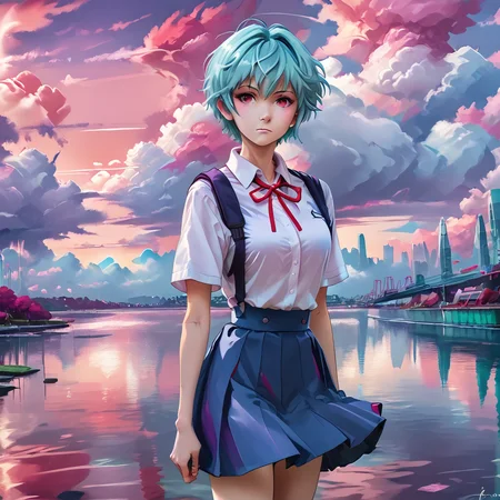 <lora:Aesthetics_Enhancer_pony:0.8>,score_9, score_8_up, score_7_up,BREAK
EnhanceImage,magenta tone, 1girl, solo, short hair, tokyo-3 middle school uniform, school uniform, red eyes, ribbon, sky, cloud, neck ribbon, water, skirt, blue hair, outdoors, shirt, looking at viewer, suspender skirt, standing, red ribbon