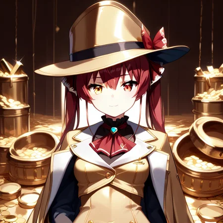 score_9, score_8_up, score_7_up, super aesthetic, rating:safe, rating:general, DeaverStyle, 1girl, solo, aua, red eyes, yellow eyes, heterochromia, gold clothing, gold hat, fully-clothed, gloves, big coat, illustration, gold, cute, shiny skin, vivid colors, treasure room, gold treasure,