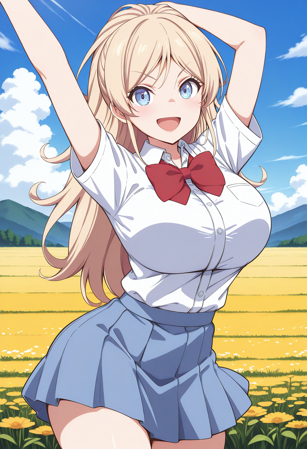 1girl, solo, (field), (blue sky:1.2), looking at viewer, smile, open mouth, 
karasuma_angelica, blue eyes, blonde hair, long hair, school uniform, red bowtie, collared shirt, short sleeves, pleated skirt, <lora:karasuma_angelica_illustrious_ver1:0.8>, masterpiece, best quality, general,, (cowboy shot, dynamic pose:1.4),