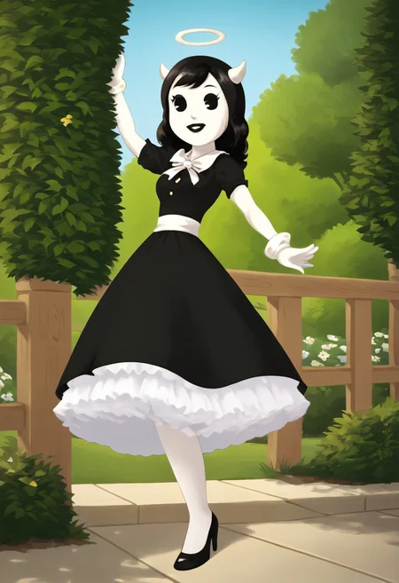(Masterpiece, best quality:1.2), score_9, score_8_up, flat color, flat shading, soft shading, lighting, Alice Angel in a 1950's dress with a button down top, a fluffy frilly ruffled full petticoat, and high heels, dress, layered petticoat, frilly petticoat, fluffy petticoat, full petticoat, wide dress, flowing dress, long skirt, solid colored skirt, short sleeves, black hair, Bendy and The Ink Machine, series accurate, cute, best high quality, high res, black lips, white colored skin, whole body shot, 1girl, solo, outside, standing straight, in a garden, cute, adorable, smile, low angle shot, cartoon, cartoon style, vector, solo, circle dress, 1950s, alice angel