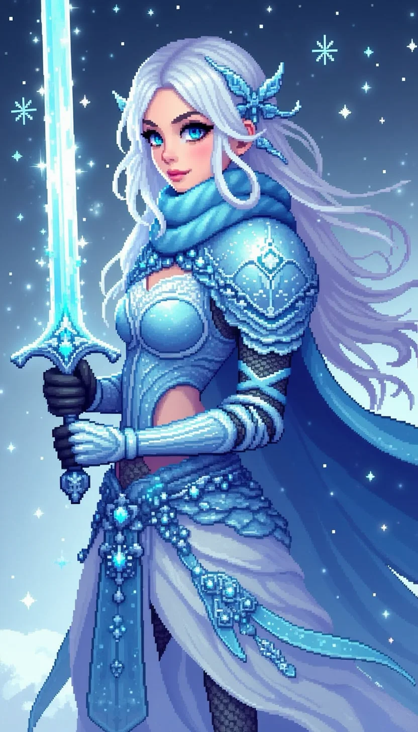 pinkpixelicious,
A woman with icy blue armor, holding a sword made of pure ice. Her breath turns to mist as snowflakes swirl around her.