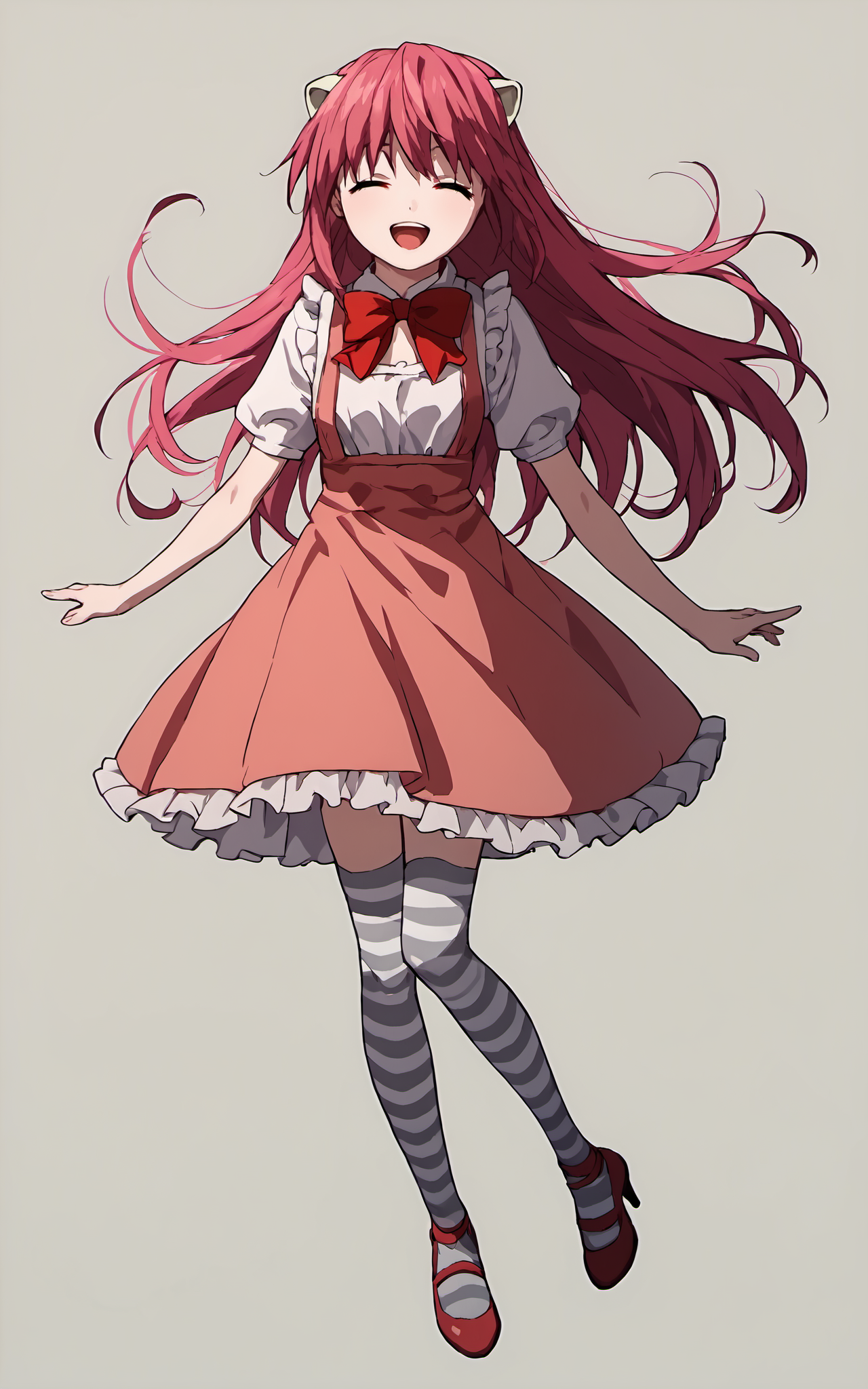 score_9, score_8_up, score_7_up, score_6_up, score_5_up, score_4_up,source_anime,Lucy, 1girl, solo, long hair, horns, red eyes,pink hair, <lora:LucyPXL-000009:1>1girl, solo, closed eyes, full body, striped thighhighs, smile, dress, open mouth, zettai ryouiki, red hair, bow, high heels, shoes, ^_^, ribbon,striped black and grey thighhighs,