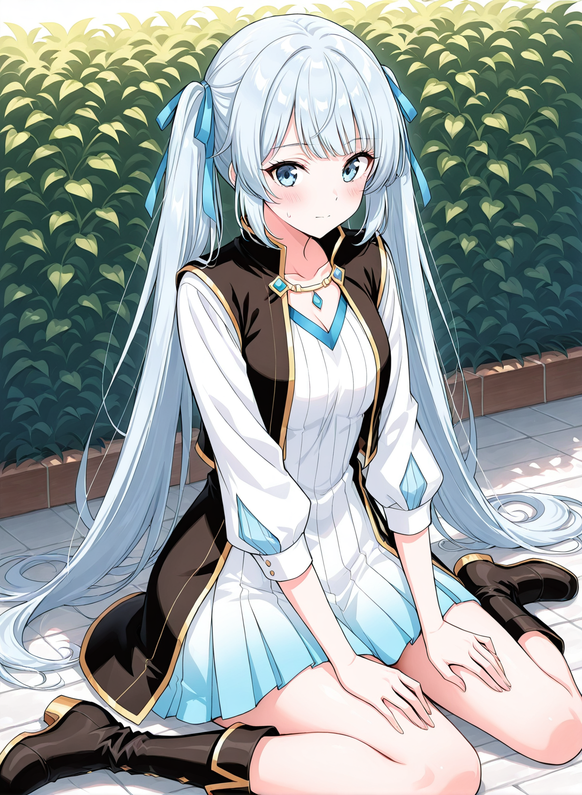 <lora:Xue_Mei_v6__Battle_Through_the_Heavens__Illustrious-000004:1>
1 girl, solo, greyish blue eyes, light blue hair, long hair, straight fringe, twin tails, 
white and blue gradient dress, vertical stripe pattern, long sleeve dress, golden trim, short skirt,  V-neckline, hair ribbon, short fantasy dress, white and blue outfit, sleeveless gold-trimmed vest, sleeveless waistcoat, waistcoat with gold lining, black boots,
score_9, score_8_up, score_7_up, masterpiece, best quality, absurdres, perfect anatomy, 1girl, solo, wariza, sitting, hands on own knees, garden background