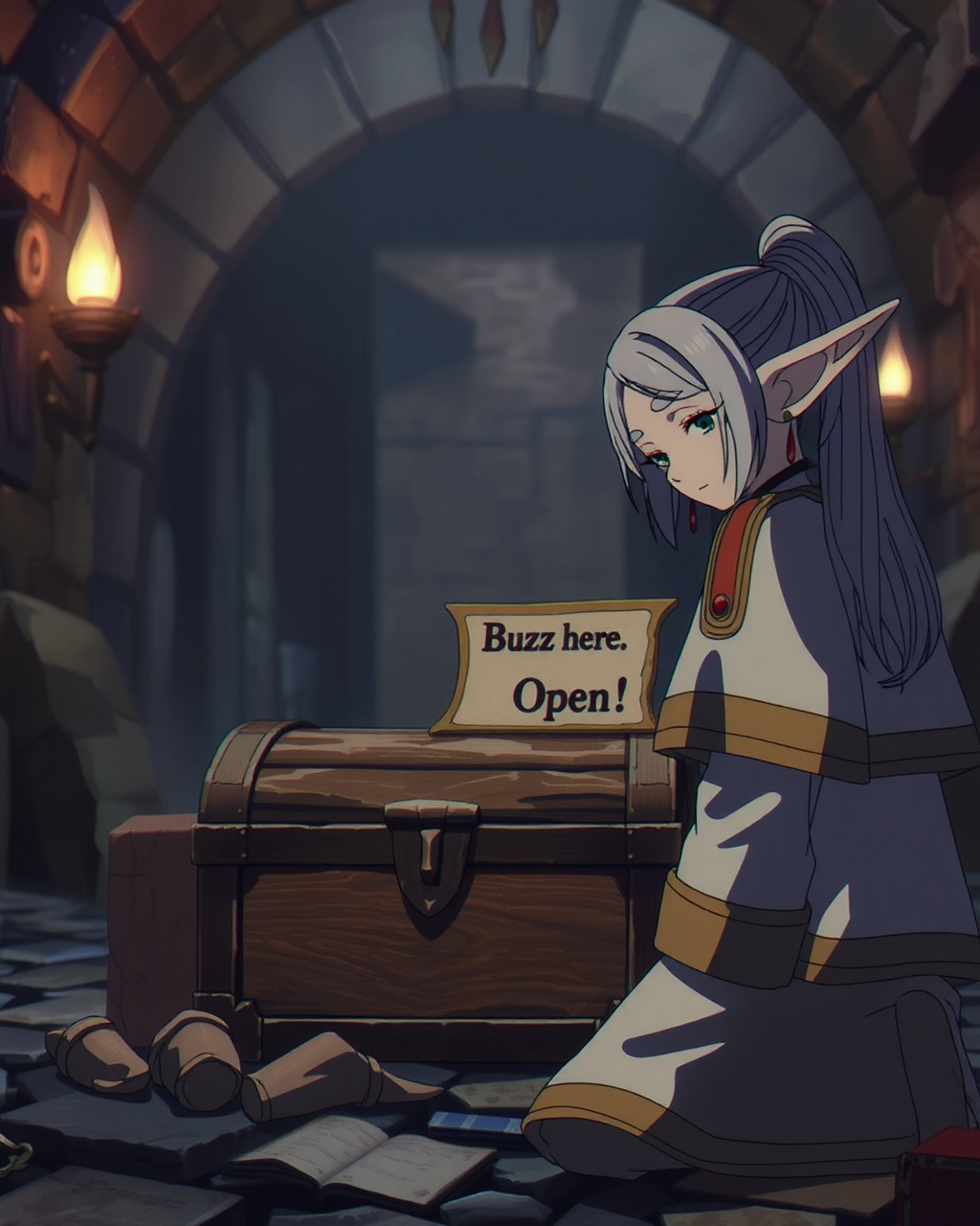 (Masterpiece, Best Quality, realistic, 4k, Highres:1.2), best quality, good quality, very aesthetic, absurdres, newest, 8K, depth of field, focused subject, stylized, close camera on 1girl, frieren, kneeling, (a closed treasure chest:1.4), looking at a treasure chest, a sign on top of the treasure says "Buzz here. Open!", background a dungeon, torches