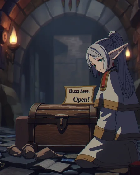 (Masterpiece, Best Quality, realistic, 4k, Highres:1.2), best quality, good quality, very aesthetic, absurdres, newest, 8K, depth of field, focused subject, stylized, close camera on 1girl, frieren, kneeling, (a closed treasure chest:1.4), looking at a treasure chest, a sign on top of the treasure says "Buzz here. Open!", background a dungeon, torches
