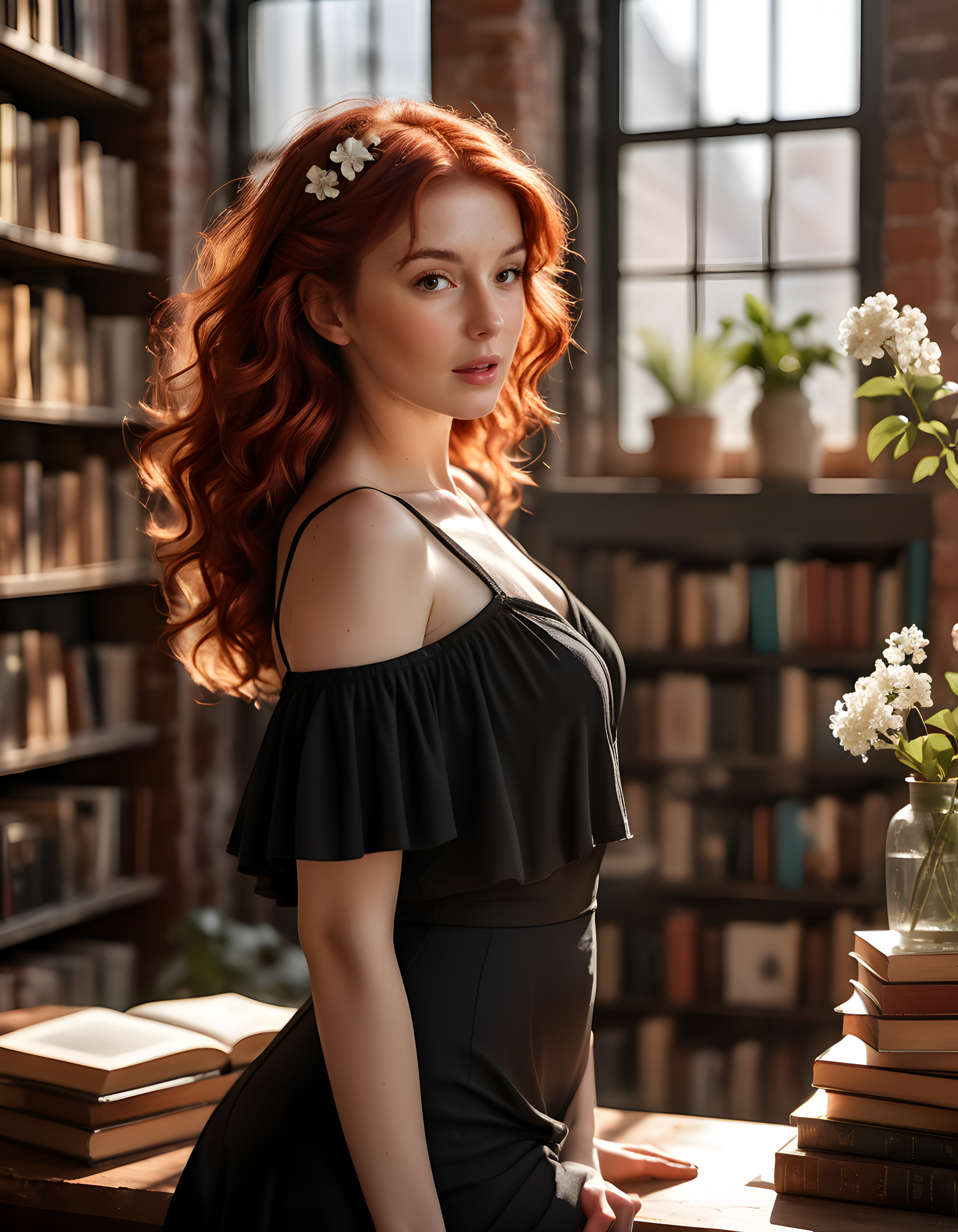 In a spacious, artfully cluttered loft illuminated by soft, warm sunlight filtering through large industrial-style windows, K3RRYC stands poised against the backdrop of a vintage bookcase, her fiery red hair cascading down to her shoulders and framing her face with loose curls. Her gaze is direct, eyes slightly hooded with a hint of melancholy, as she wears a form-fitting black dress adorned with delicate white flowers that dance in the dappled sunlight. A single, distinctive mole rests just below her left eye, adding an endearing touch to her striking beauty. The camera angle is slightly low, capturing her from the waist up and emphasizing the elegance of her posture, while a collection of vintage books and trinkets peek out from behind her, creating a captivating background that tells a story of her intellectual curiosity and creative spirit.