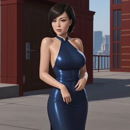 <lora:yuriwatanabespidermanps4_pony_v1:.8> YuriWatanabePS4, 1girl, solo, large breasts, , black hair, short hair, lips, cowboy shot,, lipstick,eyeshadow, cowboy shot <lora:0932 Home wear 9_v1_pony:1> ruanyi0932,blue dress,halter dress,sleeveless,cowboy shot,taut dress,skin tight,long dress