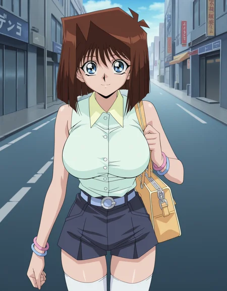 anime artwork anime artwork amazing quality,very aesthetic,absurdres,best quality,newest,masterpiece,4k resolution,official anime artwork,screencap,anime screencap,2000s \(style\),yu-gi-oh! duel monsters,anime coloring,retro artstyle,<lora:anime_screencap:1>,1girl,solo,mazaki anzu,brown hair,blue eyes,huge breasts,yu-gi-oh! duel monsters,curvy,thick thighs,light green sleeveless buttoned shirt with yellow collar,pink and blue bracelets,navy shorts with a light blue belt,white thighhighs,pink and blue bracelets,blue platform sandals,<lora:breasts_size_slider_illustrious_goofy:1.5>,5 fingers,battle city,street,looking at viewer,smile,yellow handbag on shoulder,standing,closeup,<lora:Anzu_Mazaki_YGO_Duel_Monsters-000006:1>,IllusP0s, . anime style, key visual, vibrant, studio anime, highly detailed