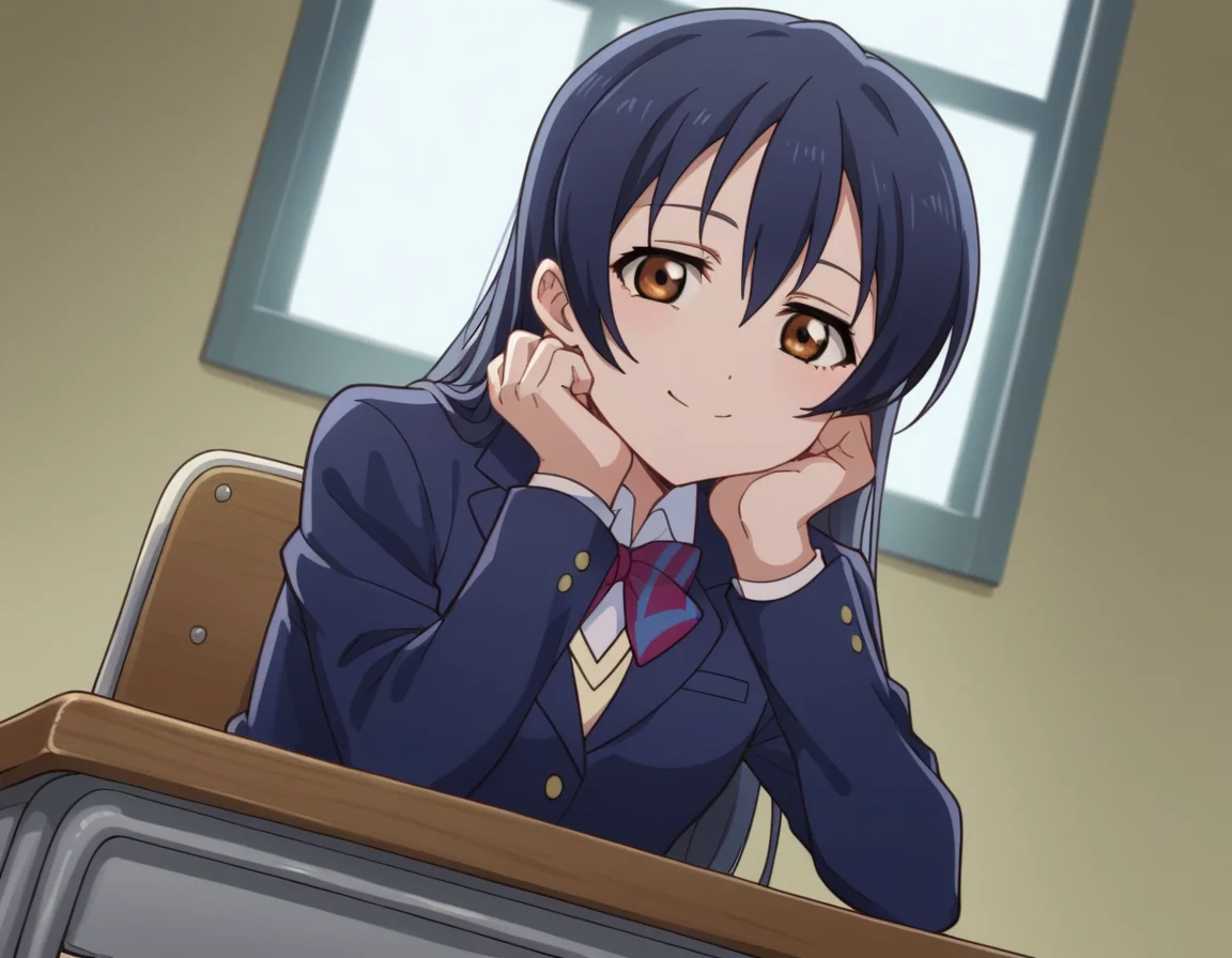 score_9, score_8_up, score_7_up, source_anime, <lora:umi-sonoda-s1-ponyxl-lora-nochekaiser:1>, umi sonoda, long hair, bangs, hair between eyes, brown eyes, blue hair,, skirt, school uniform, jacket, blazer, winter uniform, otonokizaka school uniform,, indoors, smile, looking at viewer, solo, sitting, head rest, table,, cowboy shot, dutch angle