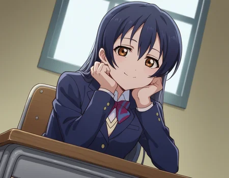 score_9, score_8_up, score_7_up, source_anime, <lora:umi-sonoda-s1-ponyxl-lora-nochekaiser:1>, umi sonoda, long hair, bangs, hair between eyes, brown eyes, blue hair,, skirt, school uniform, jacket, blazer, winter uniform, otonokizaka school uniform,, indoors, smile, looking at viewer, solo, sitting, head rest, table,, cowboy shot, dutch angle