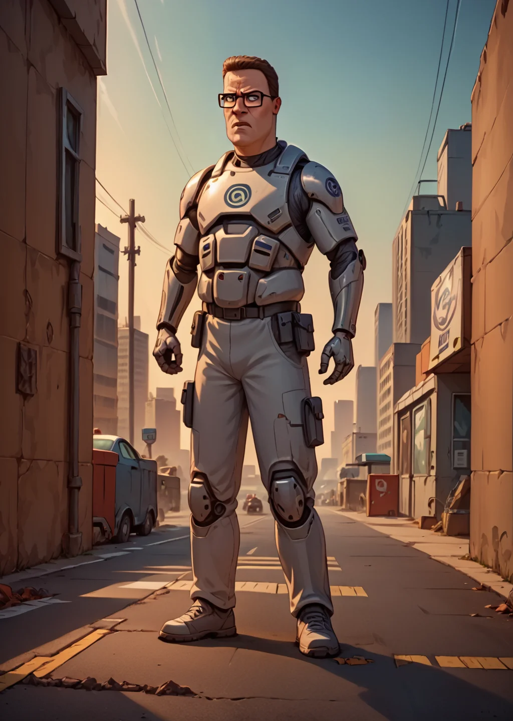 score_9, score_8_up, score_7_up, hank hill, glasses, solo, angry, full body, Robot armor, cyborg, sci-fi, sci-fi city, wartorn city, warrior, future, <lora:Hank_Hill:1>