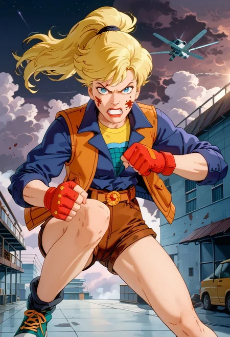 score_9, score_8_up, score_7_up, 1girl,xlinkax, blonde hair, ponytail, blue eyes, lipstick, shirt, jacket, vest, brown shorts, short shorts, sneakers, belt, sleeves rolled up,outside of a factory,air pollution,smokestack,dark clouds,dark sky,dynamic view,attacking viewer,looking at viewer,close up,fists,clothing splattered in blood,blood drops on face,blood on hands,ring on left hand,angry,clenched teeth,punch,fight