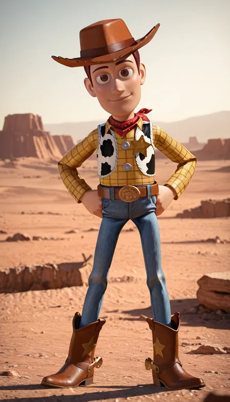 masterpiece,best quality,absurdres,newest,perfect quality,best quality,absolutely eye-catching,detailed background,male focus,<lora:Toy Story - Sheriff Woody - Illustrious-000006:0.7>,s_woody,1boy,animate object,brown hair,brown eyes,cowboy hat,red bandana,yellow shirt,long sleeves,vest,belt,jeans,cowboy boots,sheriff badge,head tilt,looking at viewer,slim,desert,hands on own hips,toy story,cowboy western, saloon