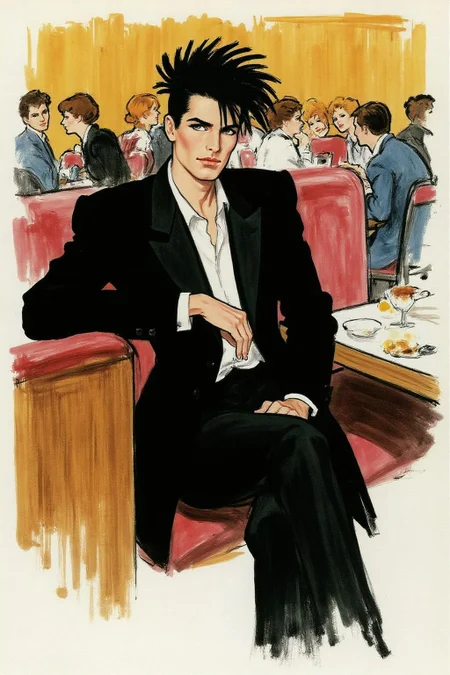 regr1 sketch of a black-haired man seated in a restaurant. He is dressed in a black jacket and pants, his hands resting on his lap. The man's face is adorned with a spiky haircut, The restaurant is filled with people, their tables and chairs visible in the background. <lora:regr2_fashion_nocap_d6a3:1.0><lora:807675884560487153:0>