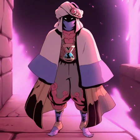 score_9, score_8_up, score_7_up, source_anime, resh'an, 1boy, solo, full body, turban, faceless, white eyes, cloak, hourglass, bandages, baggy pants, boots