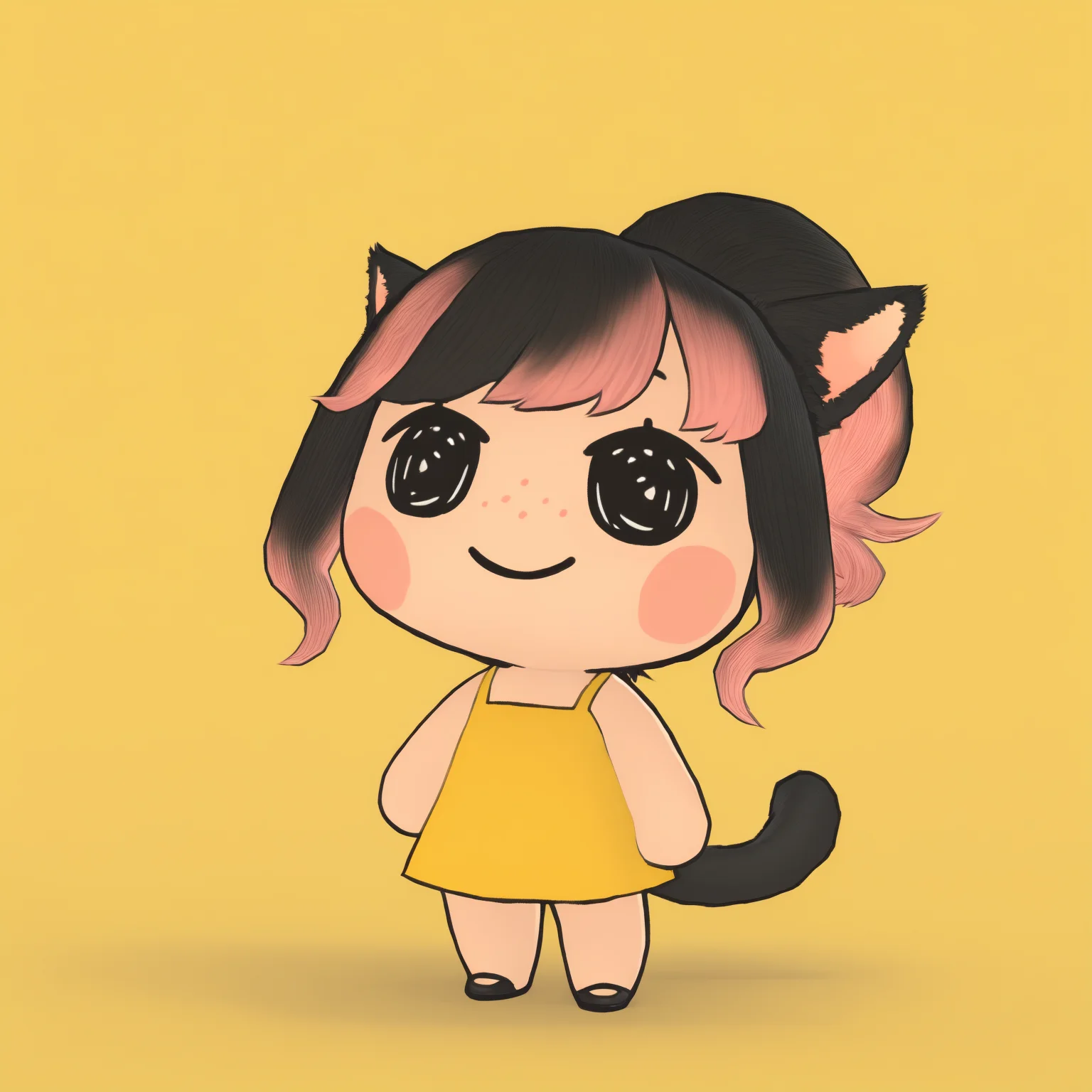masterpiece, best quality, newest, chibi, full body, blush stickers, black eyes, solo, 1girl, smile, standing, animal ears, black hair, pink hair, multicolored hair, ponytail, black eyes, freckles, cat tail, short dress, yellow sundress, sleeveless dress, simple background
<segment:yolo-Anzhc Face seg 640 v3 y11n.pt,0.4,0.6//cid=11>