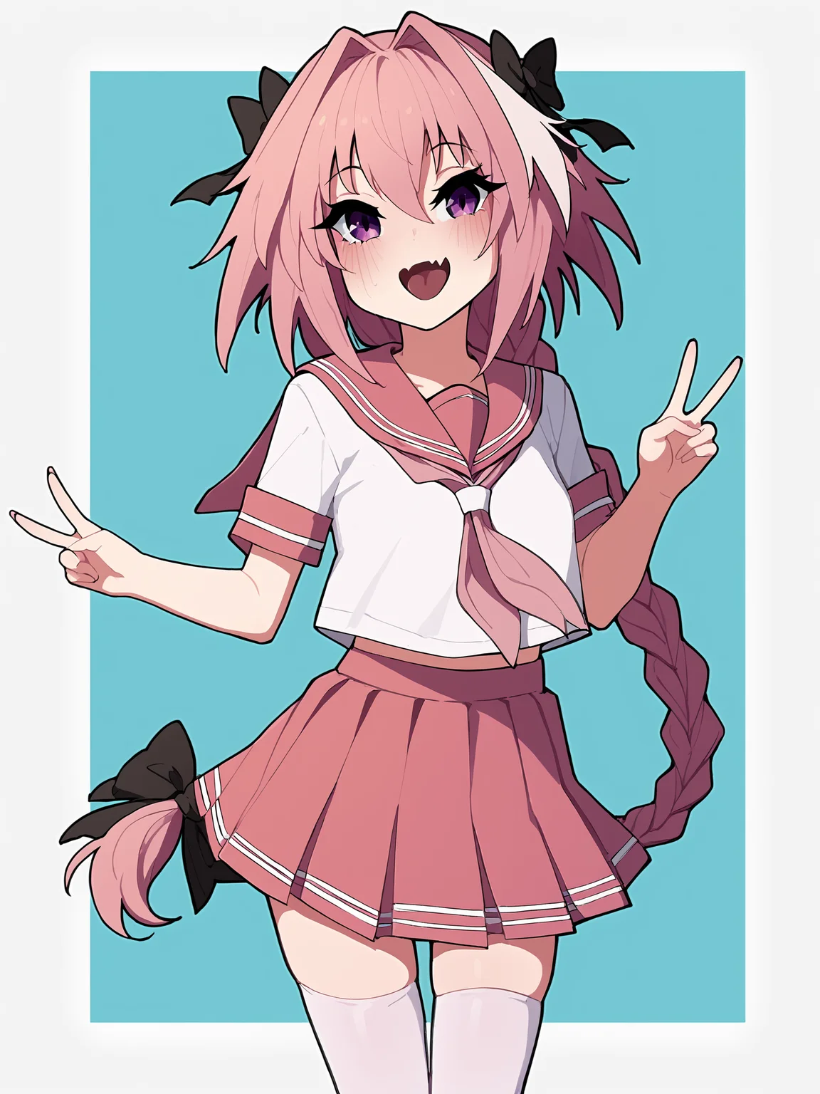score_9, score_8_up, score_7_up, score_6_up, score_5_up, score_4_up, rating_safe
BREAK
astolfo \(fate\), otoko no ko, pink hair, braid,
BREAK
solo, standing, pink serafuku, white shirt, pink thighhighs, pink skirt, peace sign,
BREAK
white background, <lora:Lunas-KakureEria-SDXL-A1:1>