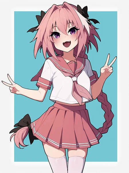 score_9, score_8_up, score_7_up, score_6_up, score_5_up, score_4_up, rating_safe
BREAK
astolfo \(fate\), otoko no ko, pink hair, braid,
BREAK
solo, standing, pink serafuku, white shirt, pink thighhighs, pink skirt, peace sign,
BREAK
white background, <lora:Lunas-KakureEria-SDXL-A1:1>