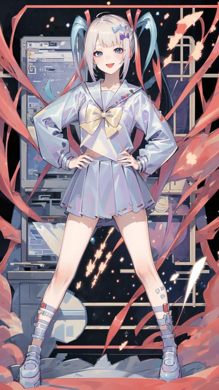 masterpiece, best quality, 1girl, solo, smile,  <lora:kangelNeedyGirl_v10:1>, school uniform, computer, cyberpunk, skyscraper, streamer, hand on hip, colorful background, <lora:animetarotV41:1>, tarot
