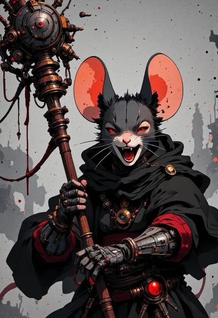 A hyper-detailed analog photo of a laughing anthropomorphic Mouse cyborg in the style of ck-ncr, captured in a dynamic and aggressive combat stance. Her radiant smile exudes confidence and defiance, highlighting the duality of her being: half of her face is organic, glowing with fiery freckles and warm, soft skin, while the other half reveals an intricate network of exposed wiring, microprocessors, and metallic plating. Her mechanical eye softly glows with an intense, almost mischievous energy, perfectly complementing her fierce expression.
In her hand, she wields a richly adorned combat staff, its surface carved with intricate designs that spiral upward to a finely detailed cat's head at the top. The staff's faded red highlights contrast sharply against the stark monochrome palette of the scene, drawing the viewer's focus.
The monochrome color scheme dominates, with deep blacks, brilliant whites, and a spectrum of grays, punctuated by subtle, worn red tones that add an eerie vibrance to the composition. Volumetric lighting casts dramatic shadows across her metallic and organic features, emphasizing her poised, battle-ready stance. The hazy, hyperpunk-inspired backdrop features smoky contrasts and sleek, futuristic elements, framing the mouse cyborg as a powerful and enigmatic combatant locked in a moment of raw energy and defiant joy. mythp0rt
