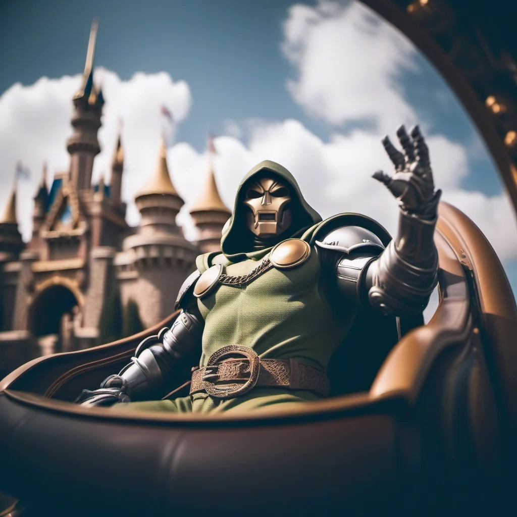 DrDoom1024, full body, a man with a mask and a hood ((in a rollercoaster)), having fun, arms up, disneyworld <lora:DrDoom1024:0.8>