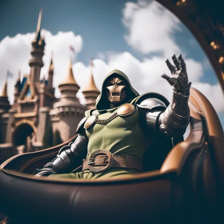 DrDoom1024, full body, a man with a mask and a hood ((in a rollercoaster)), having fun, arms up, disneyworld <lora:DrDoom1024:0.8>