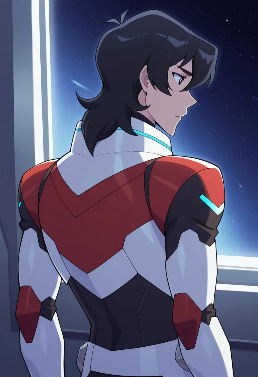 masterpiece,best quality,amazing quality, source_anime,
keithvld, 1boy, male focus, solo, black eyes, black hair, paladin armor, red and white armor, turtleneck, from back, window, space,