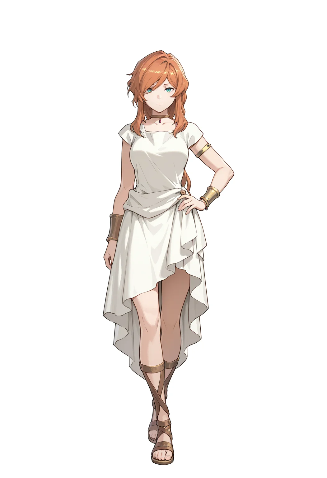 Flamme,Flamme,solo,dress,full body,sandals,white background,white dress,jewelry,simple background,gladiator sandals,hand on own hip,standing,bracelet,greco-roman clothes,looking at viewer,choker,armlet,closed mouth,breasts,collarbone,