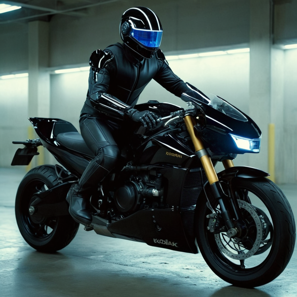 glamorous photo of  <lora:glamour photography style:0.8> sharp detailed
<lora:add-detail-xl:1>1
 <lora:TeethXL:1>
 <lora:eyetune:1>
An award winning Glamour photo of a futuristic cyborg man in a black cyborg suit riding a black cyborg motorcycle in a parking garage,solo,1boy,male focus,glowing,helmet,robot,ground vehicle,motor vehicle,science fiction,realistic,motorcycle,power armor,on motorcycle , cinematic photography, film style, kodak film style, kodak motion picture, sharp, detailed, film color, different colors, detailed color, detailed background, detailed environment, creative, different, unique, awesome, high quality, 8k, film saturation, film contrast, Celluloid film, film still, movie still, cinematic light, different lighting, glamour photography style, high fashion, luxurious, extravagant, stylish, sensual, opulent, elegance, stunning beauty, professional, high contrast, detailed