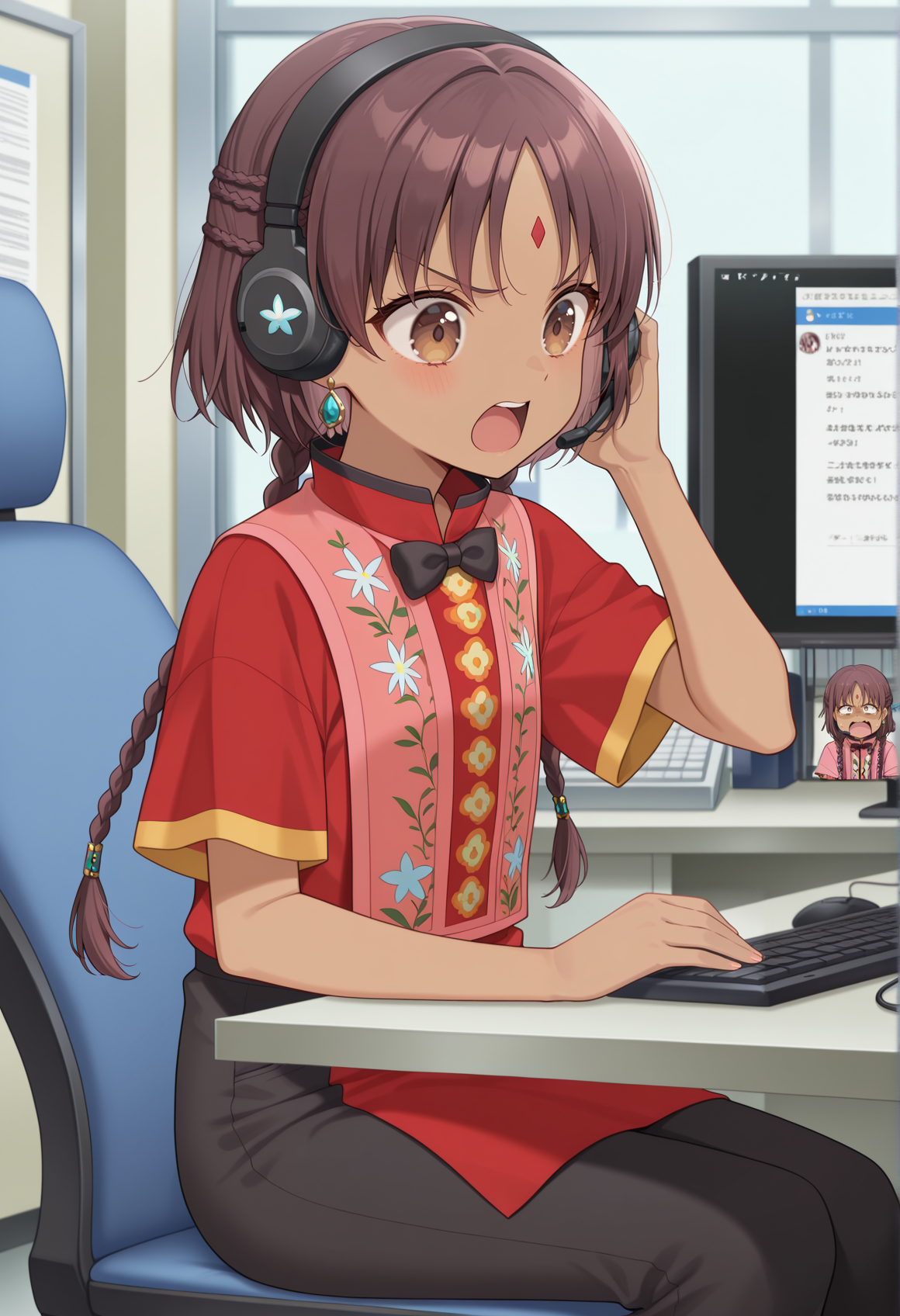 anime screencap, anime screenshot, 1girl, dark skin, brown hair, brown eyes, long hair, braid, low twin braids, jewelry, earrings, forehead mark, short dress, short sleeves, bowtie, floral print, sitting, headset, hand on headphone, sitting, indoors, office, open mouth, table, computer, mouse \(computer\), angry,  black pants, looking at monitor <lora:Asha_FGO:1>, masterpiece, best quality, amazing quality, very aesthetic, absurdres, highres, newest