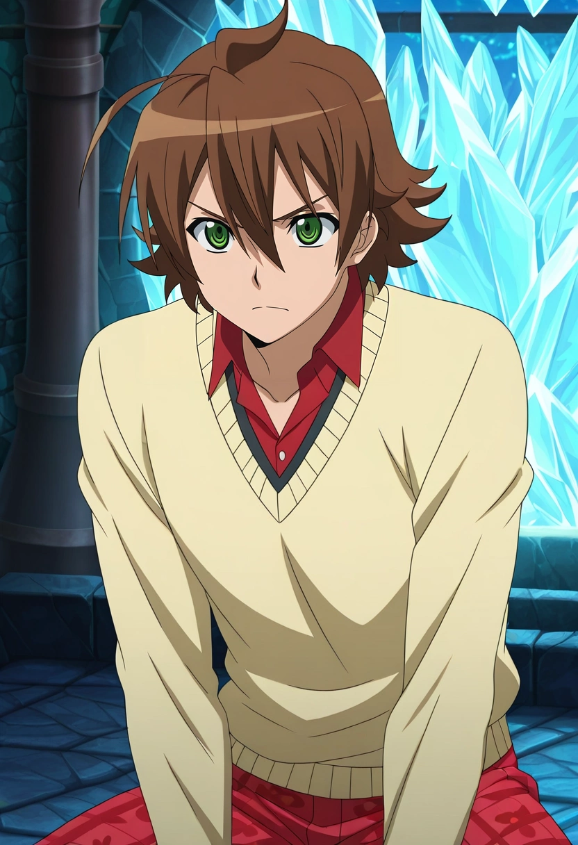 masterpiece, best quality, , anime screencap, anime coloring, official style,, 1boy, solo, male focus, <lora:tatsumi_akame_ga_kill_ilxl:0.92>, tatsumi_akame_ga_kill, brown hair, green eyes, short hair, hair between eyes, ahoge, crystal forge, gem anvils, light furnaces, crafting stations, smithing pose, intense expression, forge lighting, Paisley Cherry Seersucker pants, V-neck sweater, , ,